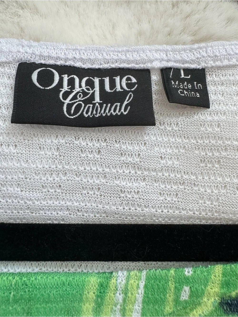 Onque Casuals White Top with Black Trim and Green Print - Picture 6 of 8